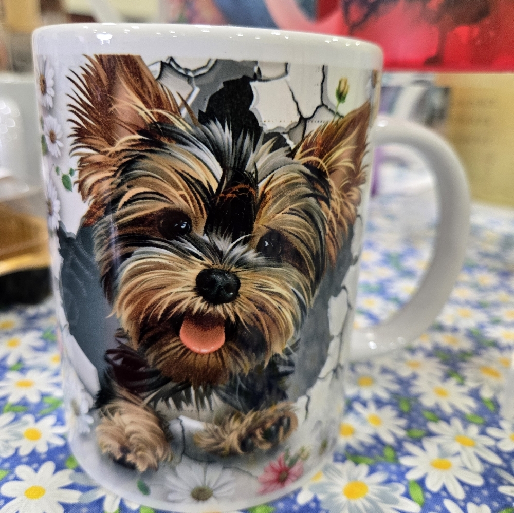 White and Brown Dog Mug with Silky Fur and Bright Eyes